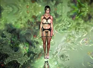 Busty oiled LARA CROFT in black lingerie dances and FUCKS beyond tombs