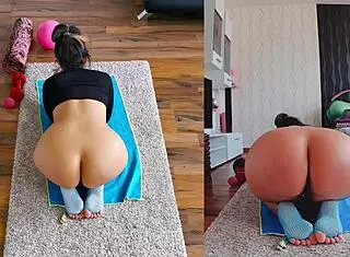Curvy milf's fat ass spreads naked in sweaty yoga workout teasing asshole worship closeup