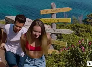 vixen holiday threesome: brunette pussy licked, ridden, and facialed in ffm