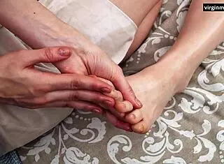 Oiled Masseuse Fingers 18yo Brunette's Virgin Pussy Lips And Tight Feet