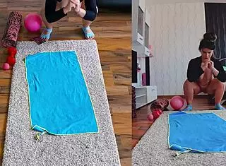 Curvy milf's fat ass spreads naked in sweaty yoga workout teasing asshole worship closeup