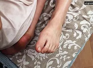Oiled Masseuse Fingers 18yo Brunette's Virgin Pussy Lips And Tight Feet
