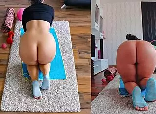 Curvy milf's fat ass spreads naked in sweaty yoga workout teasing asshole worship closeup