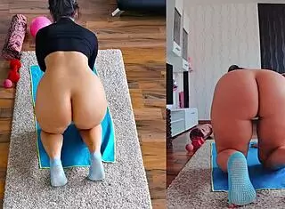 Curvy milf's fat ass spreads naked in sweaty yoga workout teasing asshole worship closeup