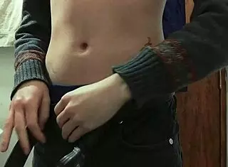 skinny slut strips half naked masturbates small waist bathroom monster cumshot