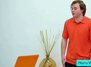 Pigtailed Blondie Teen Rubs Naked Body On Client!