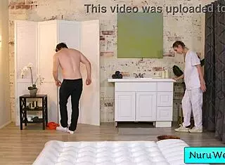 Pigtailed Blondie Teen Rubs Naked Body On Client!