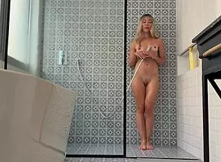 Blonde caught masturbating shower voyeur leads to creampie fuck