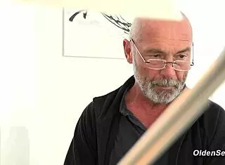 horny old man bends blonde teen over desk for intense doggy pounding