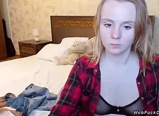 cute petite blonde amateur teen camgirl strips bra lingerie homemade webcam solo