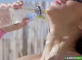 stunnin brunette kneels outdoor suckin studs huge cock deep