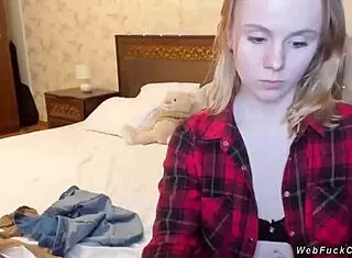 cute petite blonde amateur teen camgirl strips bra lingerie homemade webcam solo