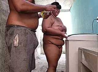 stepmom takes loads of cumshots on her face from stepson in backyard