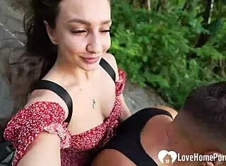horny traveler picks up barefoot brunette for teasing footjob sex deep in forest