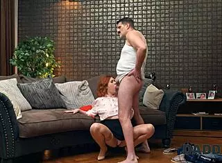 Redhead Slut Begs Ugly Daddy to Devour Her Shaved Pussy