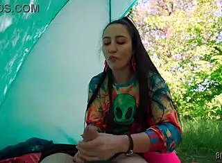slutty hippie girl next door jerks huge cock in forest tent pov