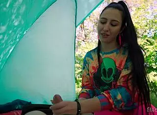 slutty hippie girl next door jerks huge cock in forest tent pov