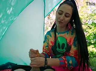 slutty hippie girl next door jerks huge cock in forest tent pov