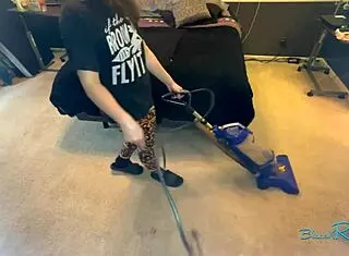 Watch This Busty Housewife Vacuum in Her Bedroom Long Hair Swinging!