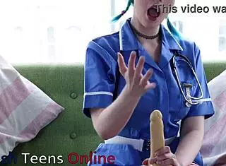 Blue haired nurse strokes your cock during hot appointment