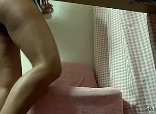 miniskirt surfer girl's desk view: big boobs, thong wedgie, cameltoe 😍