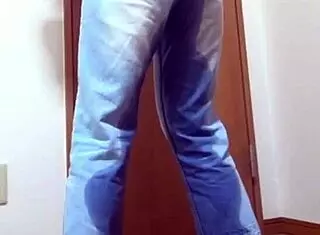 a girl wets her jeans peeing while bro hogs the bathroom