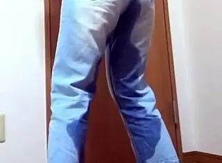 a girl wets her jeans peeing while bro hogs the bathroom