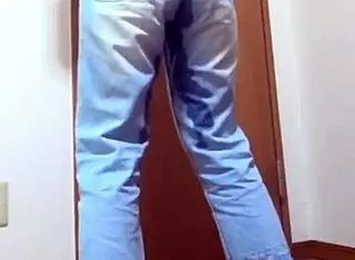 a girl wets her jeans peeing while bro hogs the bathroom