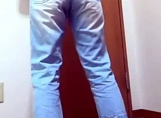 a girl wets her jeans peeing while bro hogs the bathroom