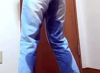 a girl wets her jeans peeing while bro hogs the bathroom