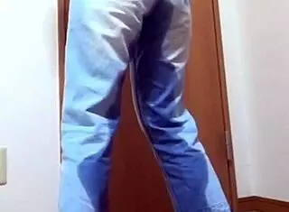 a girl wets her jeans peeing while bro hogs the bathroom