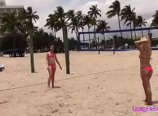 Beach volleyball babes hit pool party in tiny bikinis!