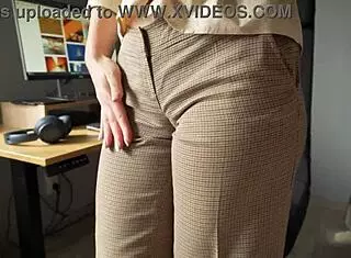 naughty milf secretary's fat cameltoe pussy lips tease through tight trousers closeup