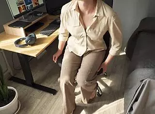 naughty milf secretary's fat cameltoe pussy lips tease through tight trousers closeup