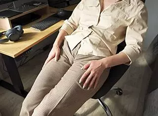 naughty milf secretary's fat cameltoe pussy lips tease through tight trousers closeup