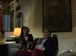 Italian brunette slut blows old man masturbates watching pussy fuck swallow cum!