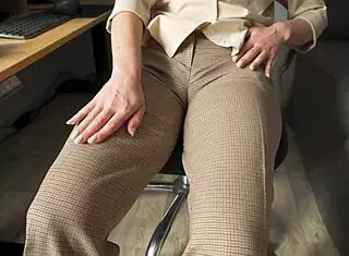 naughty milf secretary's fat cameltoe pussy lips tease through tight trousers closeup