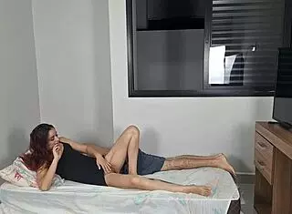 Motoboy Jerks Watching Redhead Wife Cuckold Husband in Open Bedroom