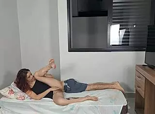 Motoboy Jerks Watching Redhead Wife Cuckold Husband in Open Bedroom