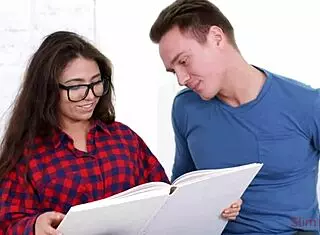 geeky tattooed brunette rides cock in first hardcore