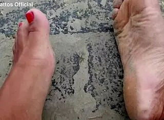 dirty wet barefoot soles fetish on street and beach