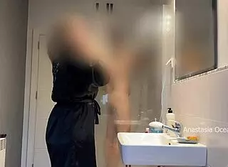 Caught Husband Jerking to Stepmom, Joined Bathroom Family Voyeur Fuck