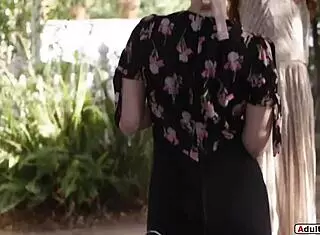 Neighbor milf licks young redhead's hairy pussy outdoors