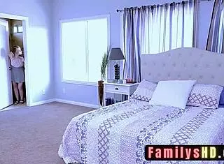 stepmom catches stepdaughter with strap-on unicorn horn sparking wild bedroom doggystyle lesbian romp