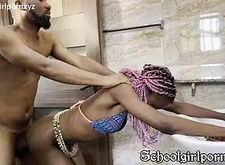 black maid bends over for hardcore doggystyle quickie blowjob