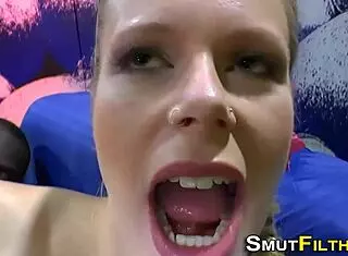 Fetish whore takes double facial bukkake from blowbang crew in HD