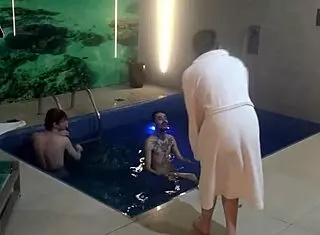 Friends bareback threesome poolside motel big cocks pounding