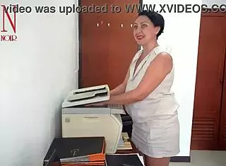 Silly secretary scans her boobs and pussy on office scanner cam