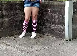 Naughty Whore Pisses Pussy in Shorts at Public Hydroelectric Plant Fantasy