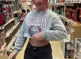 Busty Pierced Nipples Babe Flashes Massive Tits Throughout Home Store Publicly